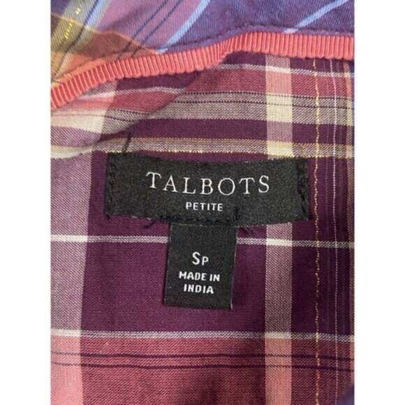 Talbots Long Sleeve Madras Plaid Cotton Blend Metallic Thread Shirt Size S/P - Picture 4 of 5